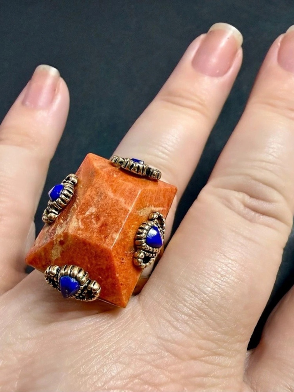 BARSE Orange stone and Blue lapis Statement Ring Size 9